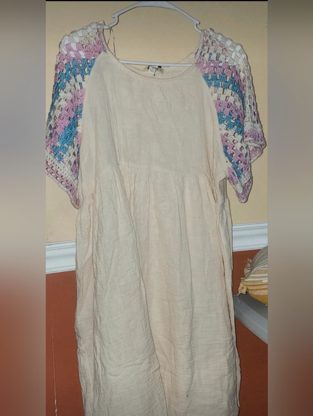 Women's Cream Peasant Dress with Pastel Crochet Sleeves